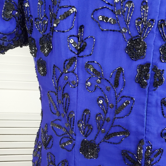 LAST CHANCE Vintage beaded sequin silk evening sheath dress M - Picture 6 of 11